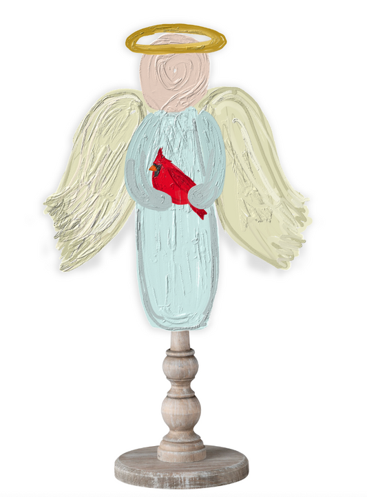 Doodles by Rebekah whimsical angel tabletop decor featuring a hand-painted cardinal bird on a rustic turned wood stand.