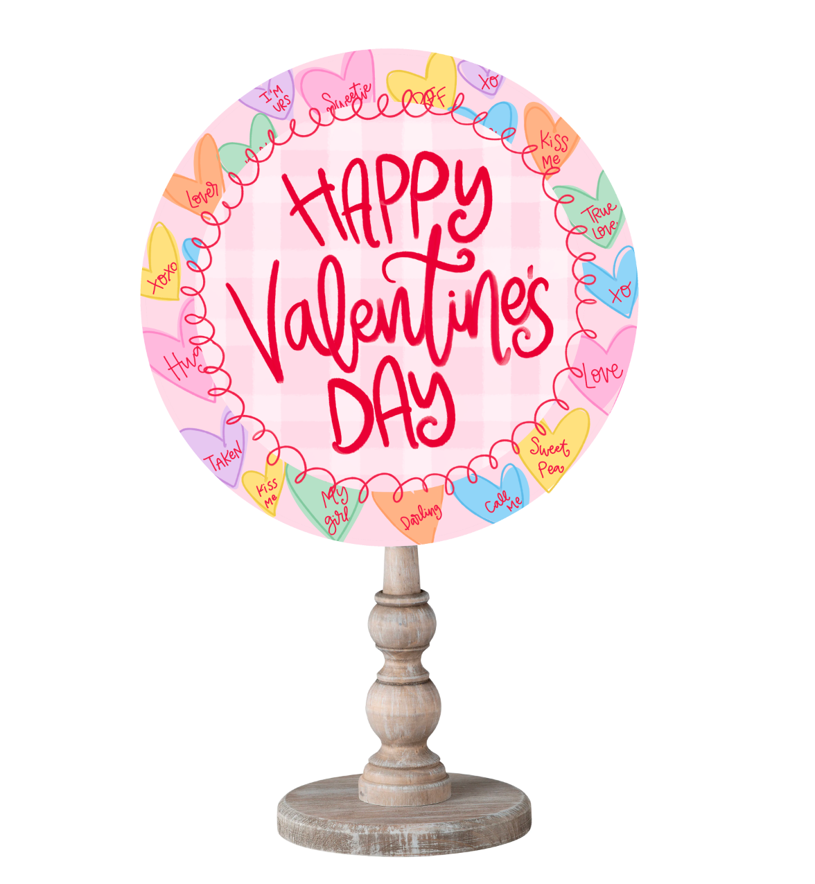 A circular colorful topper with a conversation hearts border with stylized text reading "Happy Valentine's Day"