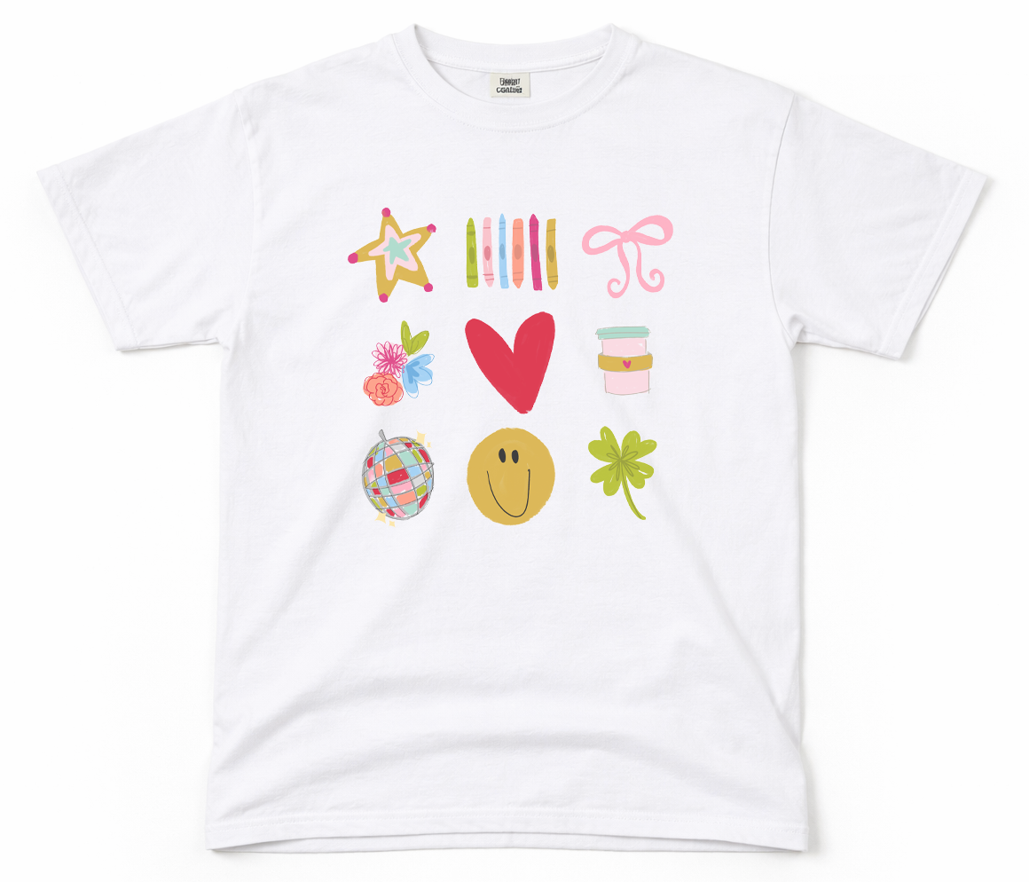 White t-shirt with colorful graphic designs on a white background