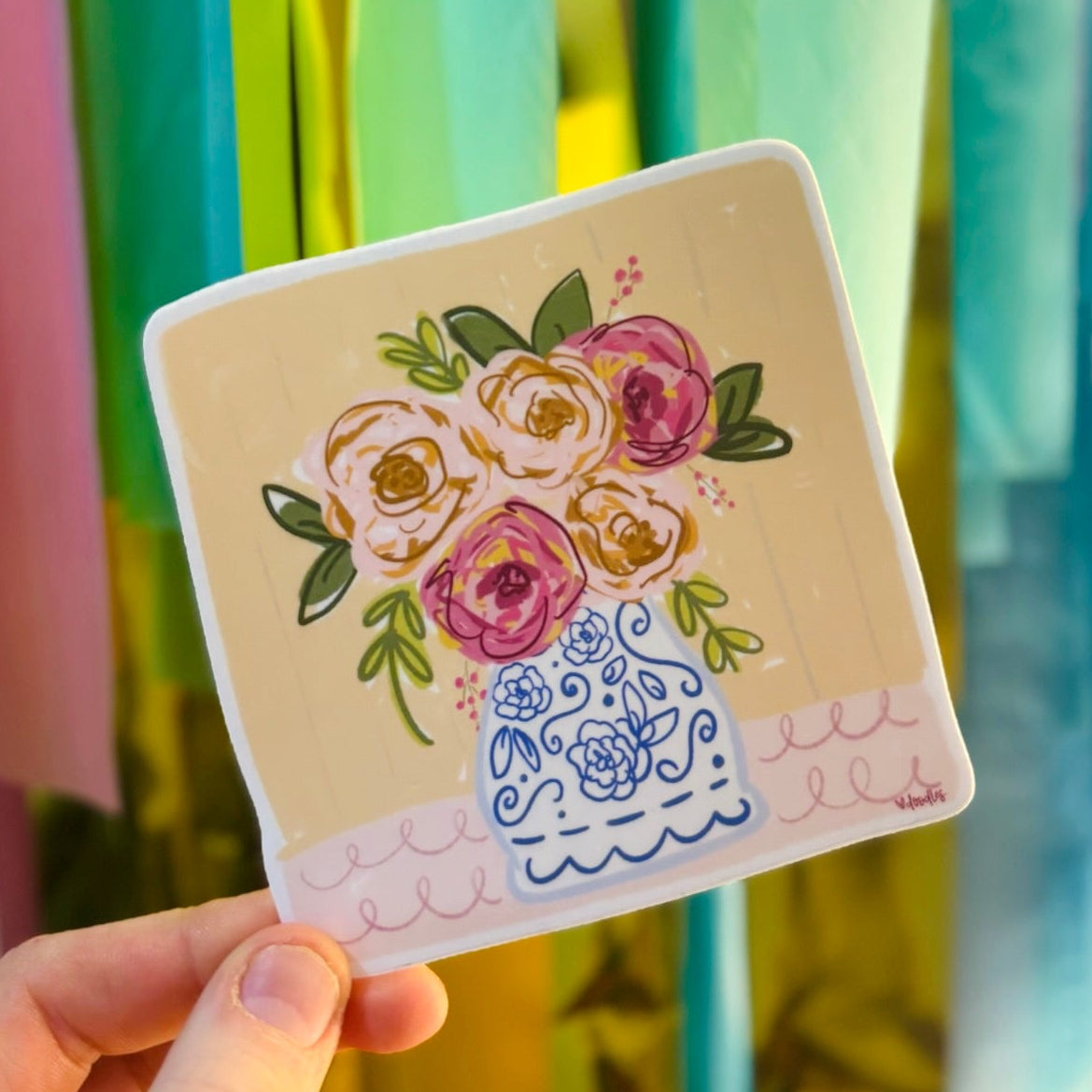 Doodles by Rebekah floral Chinoiserie vase sticker. This whimsical hand-painted vinyl decal features a botanical rose bouquet in a classic blue and white ginger jar style vase, making it an elegant gift for decorating water bottles, laptops, and journals.