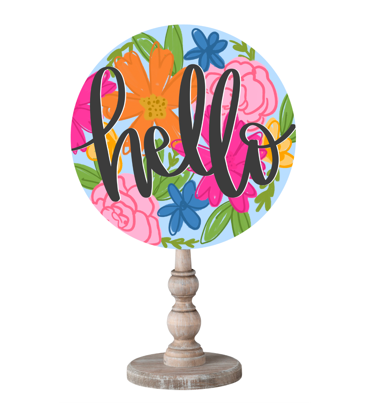 A circular topper with a floral background and a stylized "Hello" text on a wooden dowel