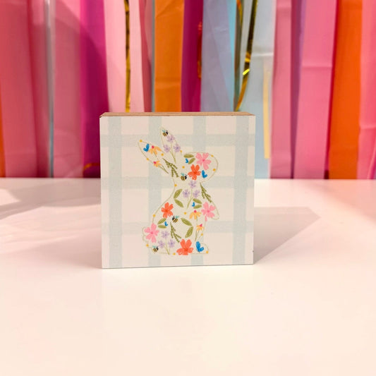 Doodles by Rebekah floral bunny wooden block home decor featuring whimsical hand-painted spring wildflowers and honeybee patterns.