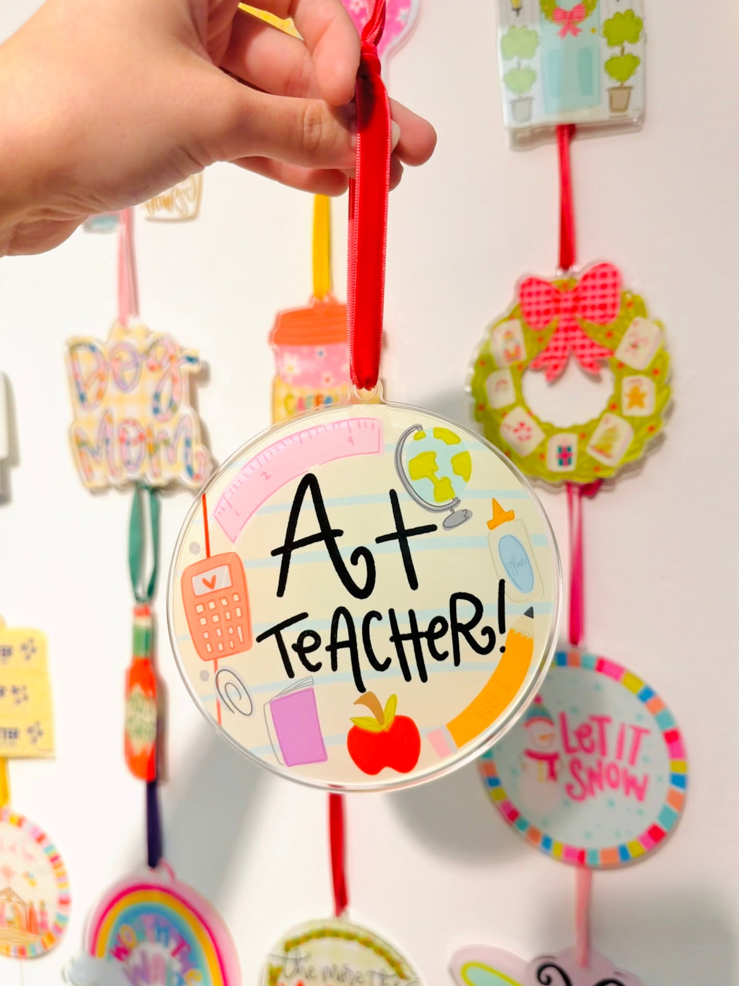 A+ Teacher Acrylic Ornament with school supplies featured
