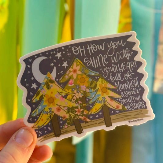 Doodles by Rebekah "Full of Moonlight" inspirational forest sticker. This whimsical hand-painted vinyl decal features floral trees and a celestial quote, making it a perfect motivational gift for decorating water bottles, laptops, and journals.