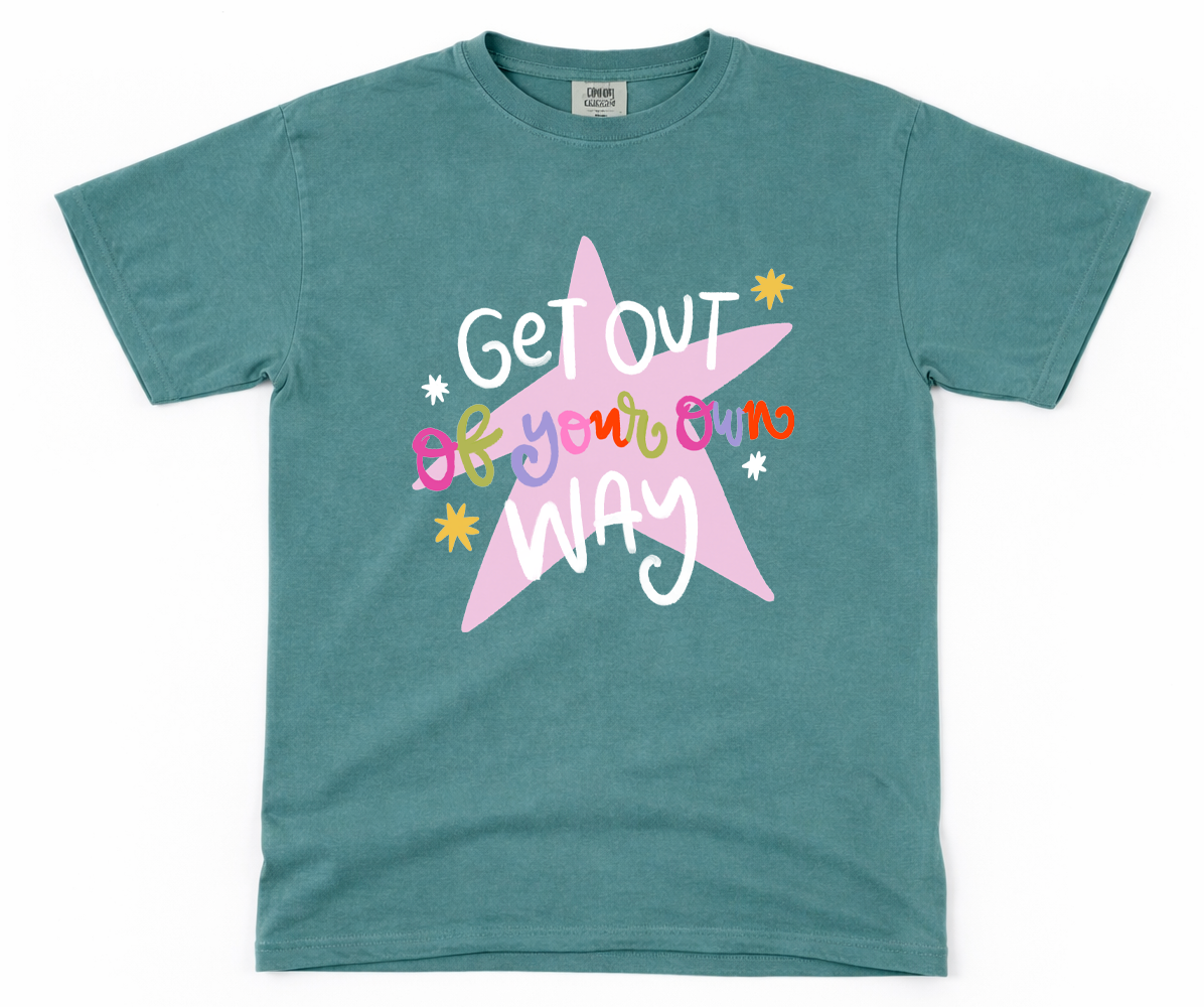 Teal t-shirt with a colorful star graphic and text on a white background