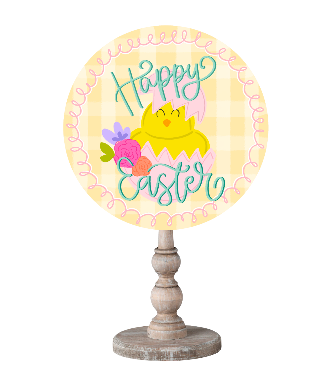 A MDF topper on a wooden base that says "Happy Easter" with a chicken in an egg