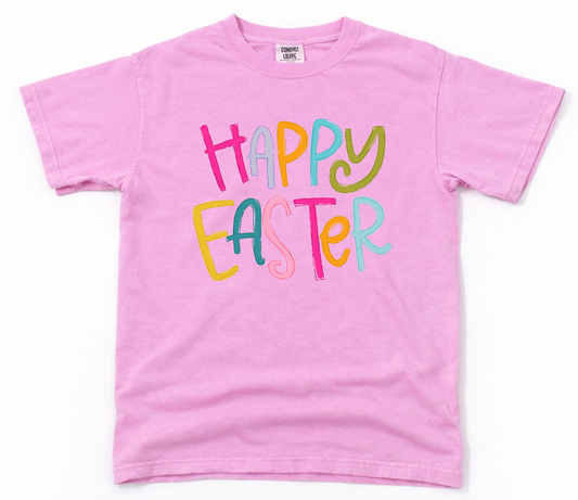 Pink t-shirt with 'Happy Easter' text in colorful letters on a white background