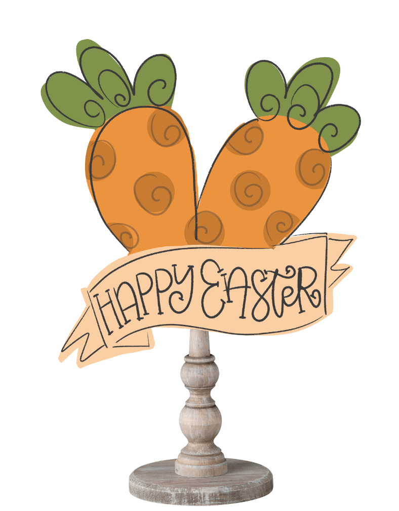 Doodles by Rebekah Easter home decor featuring a whimsical carrot illustration and "Happy Easter" hand-lettering on a rustic turned wood stand.