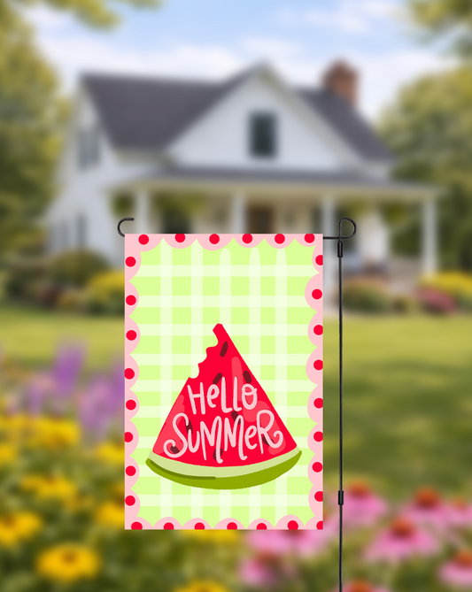 Doodles by Rebekah "Hello Summer" watermelon garden flag featuring a whimsical hand-painted design on a green checkered background. This vibrant outdoor seasonal decor is perfect for summer garden parties, front yard displays, or picnic decorations.