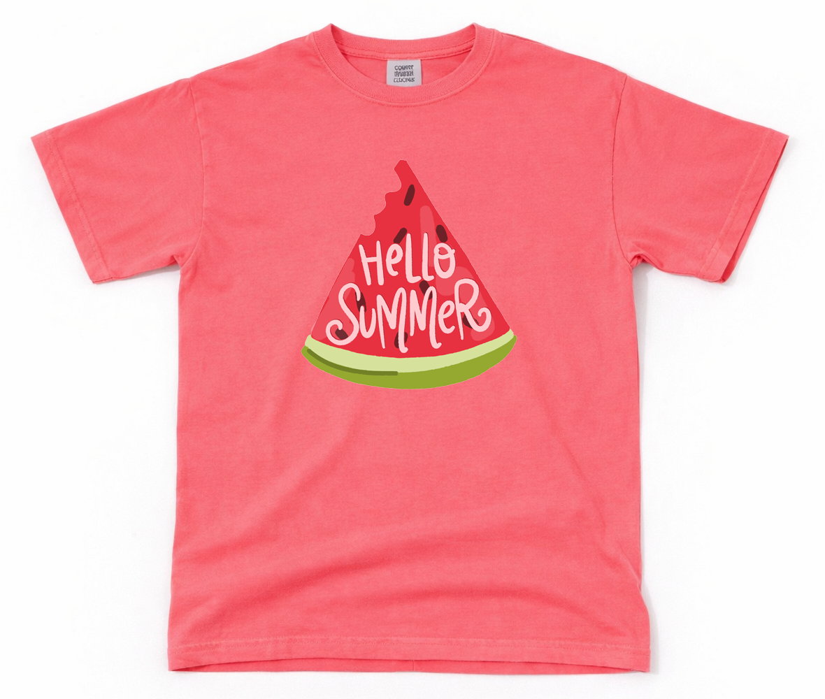 Pink t-shirt with a watermelon slice graphic and 'Hello Summer' text on a white background