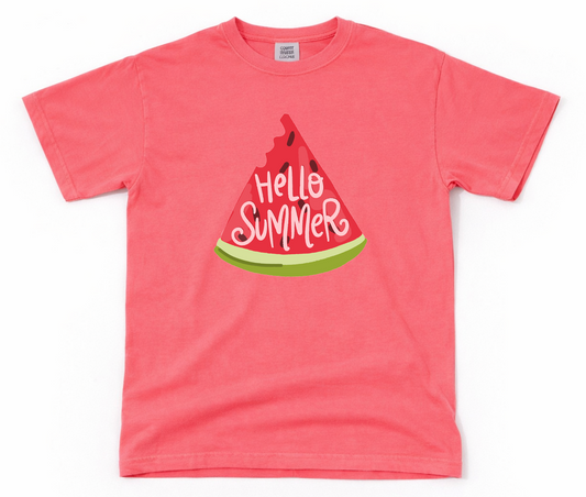 Pink t-shirt with a watermelon slice graphic and 'Hello Summer' text on a white background