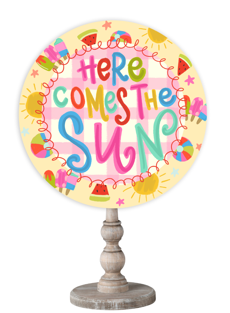 Doodles by Rebekah summer home decor featuring "Here Comes The Sun" text surrounded by whimsical sun, watermelon, and popsicle illustrations.
