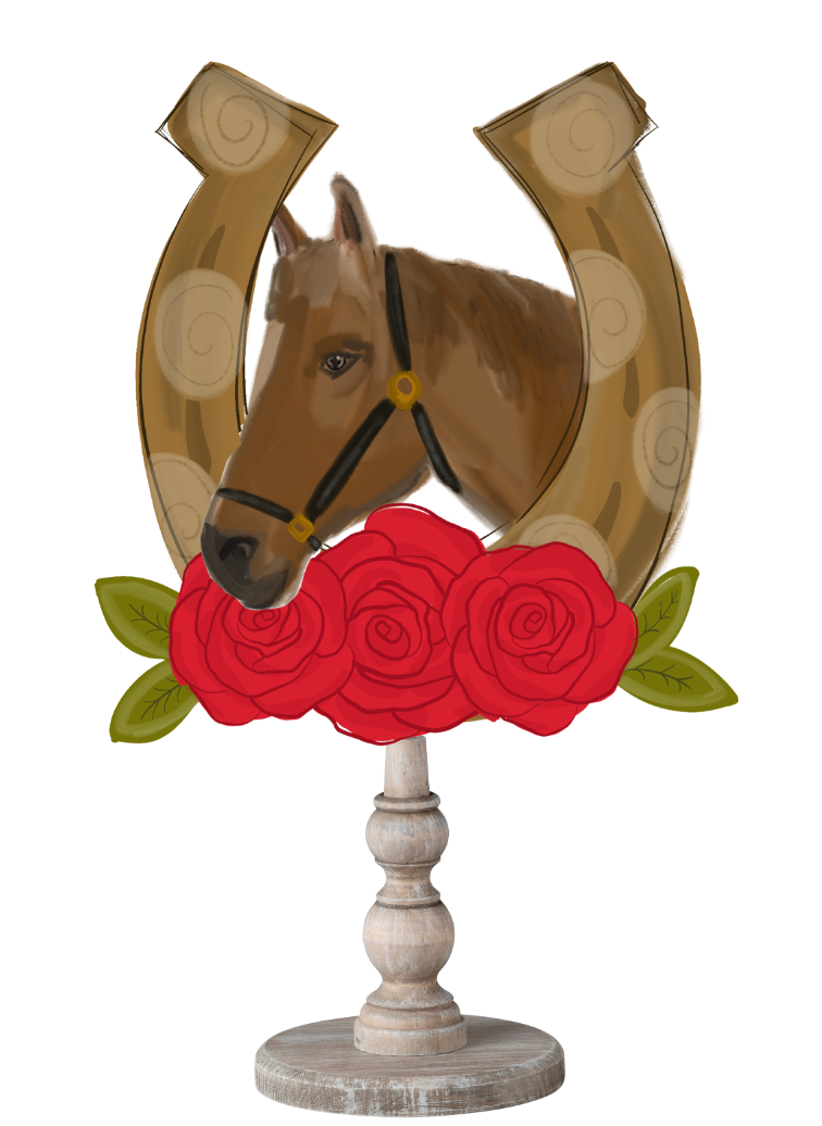 Doodles by Rebekah equestrian tabletop decor featuring a brown horse, lucky horseshoe, and red roses on a rustic stand.