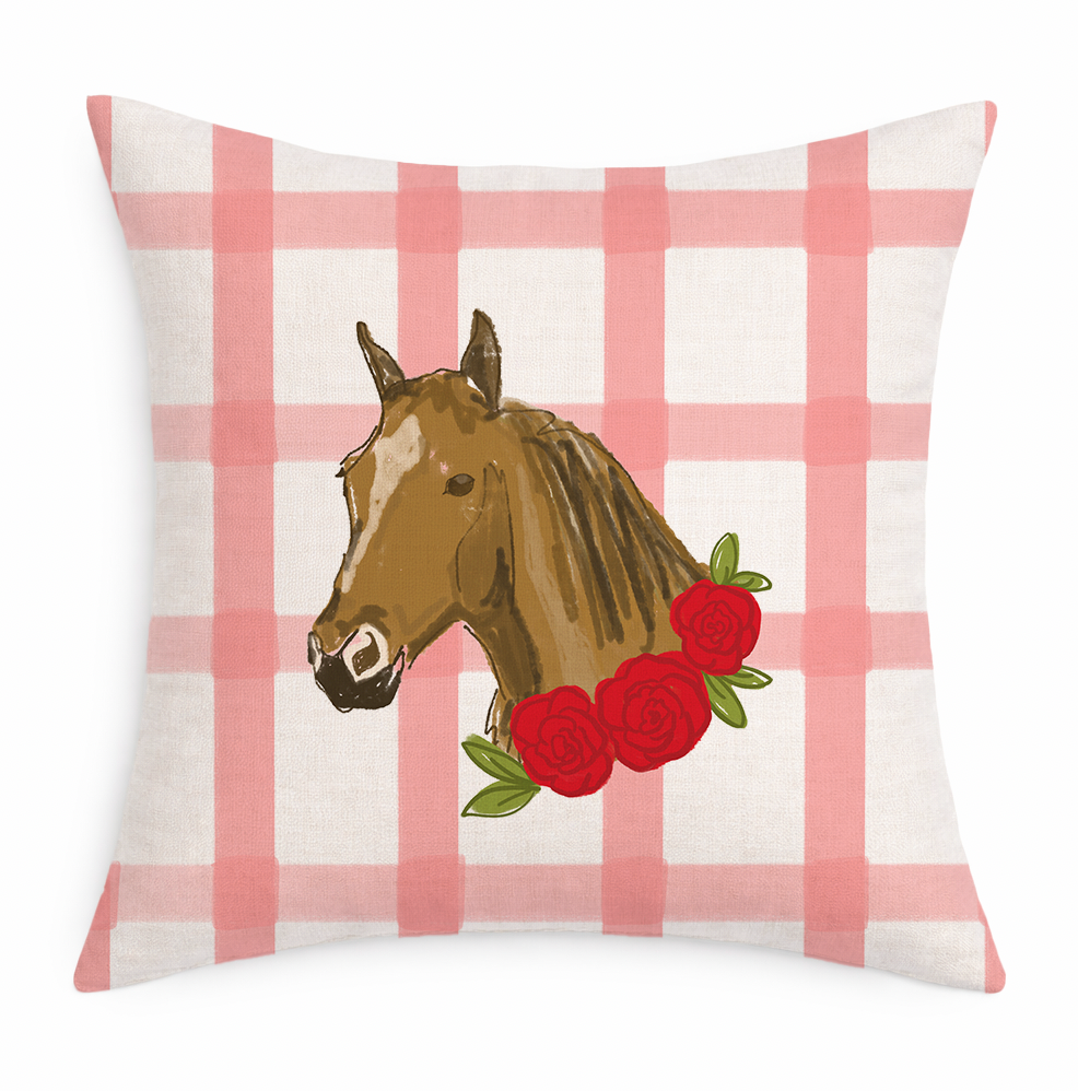 Pillow with horse illustration and roses on a pink and white checkered background