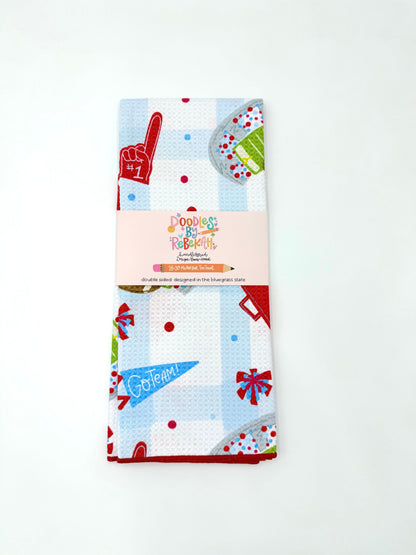 Red & Light Blue Football Game Day- Microfiber Waffle Weave Tea Towel