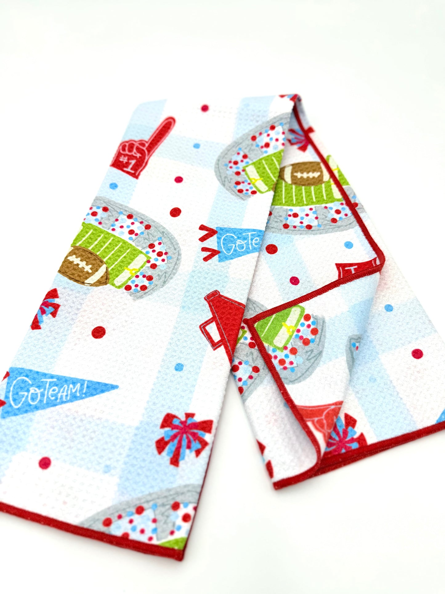 Red & Light Blue Football Game Day- Microfiber Waffle Weave Tea Towel