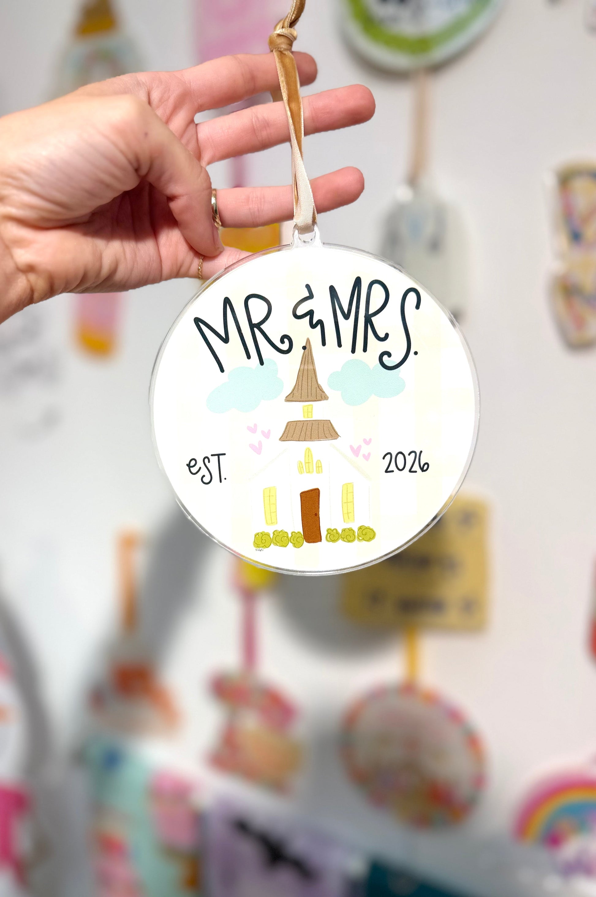 Mr. & Mrs. Established 2026 ornament featuring a church in a circle