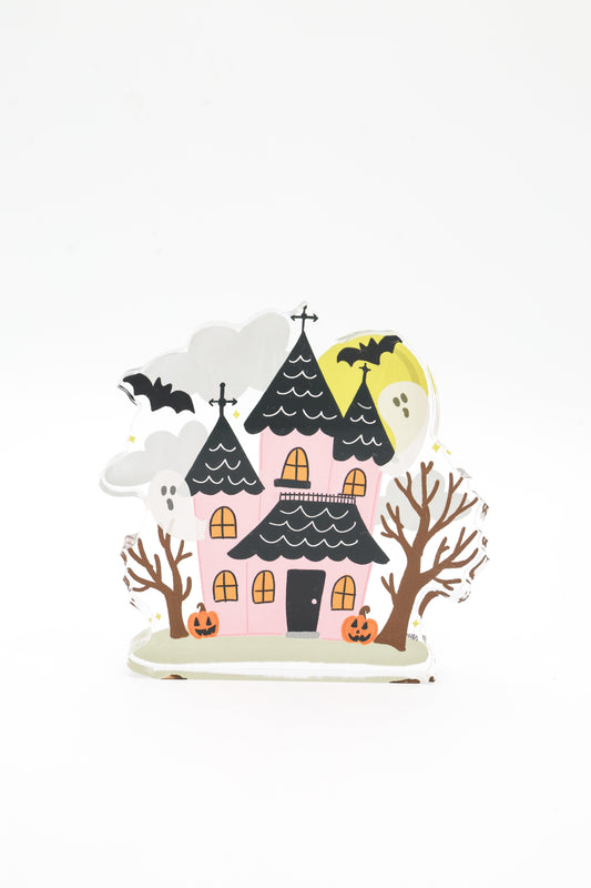Pink Haunted House with Ghosts Acrylic Shelf Sitter
