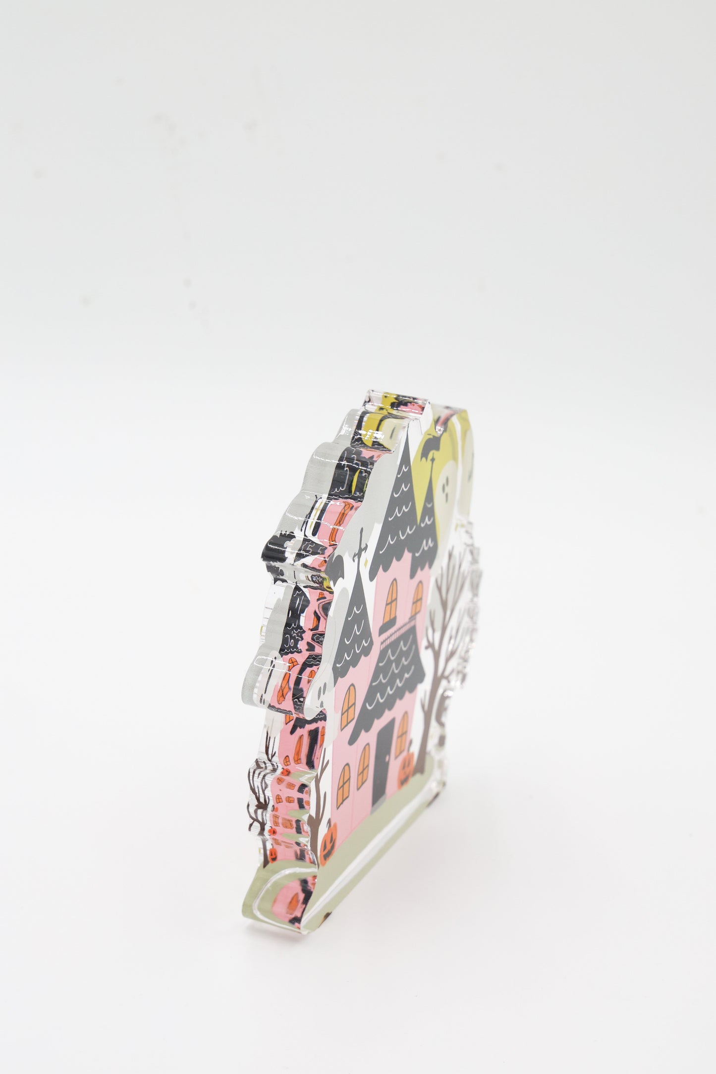 Pink Haunted House with Ghosts Acrylic Shelf Sitter
