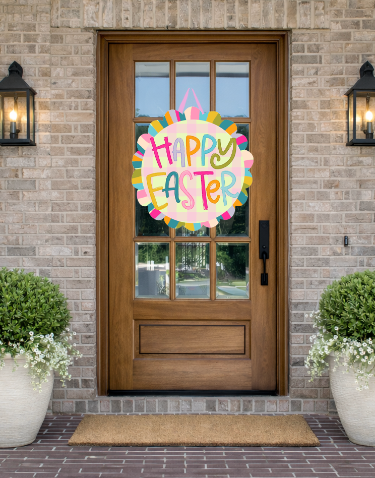 Doodles by Rebekah "Happy Easter" seasonal door decor featuring a colorful hand-drawn design on a rustic glass-paned front door.