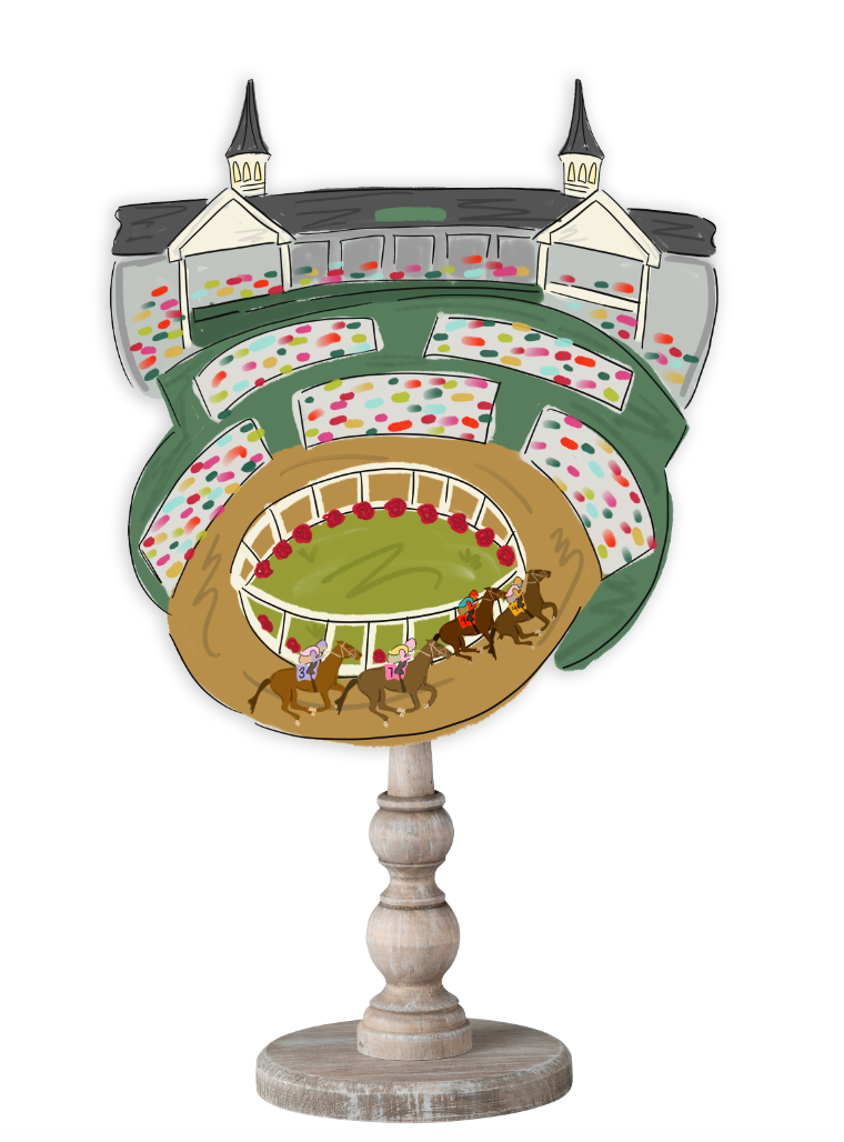 Doodles by Rebekah equestrian tabletop decor featuring a whimsical horse racing scene and grandstand on a rustic wood stand.