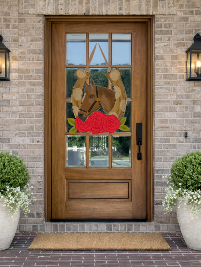 Doodles by Rebekah Kentucky Derby door decor featuring a golden horseshoe, thoroughbred horse illustration, and red roses on a rustic front porch.