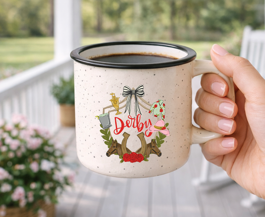Doodles by Rebekah "Derby" themed campfire mug. This whimsical hand-painted ceramic coffee cup features Kentucky horse racing icons like roses and horseshoes, making it a perfect gift for race fans, Southern lifestyle lovers, or spring party favors.