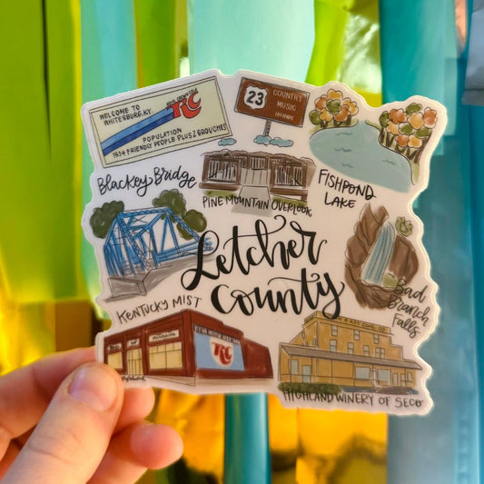 Doodles by Rebekah Letcher County Kentucky souvenir sticker. This whimsical hand-painted vinyl decal features local landmarks like Blackey Bridge and Fishpond Lake, making it a perfect gift for residents of Whitesburg or Letcher County to display on water bottles and laptops.
