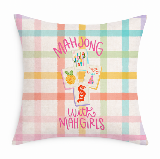 Plaid pillow with 'Mahjong with Mahgirls' text and graphics on a white background