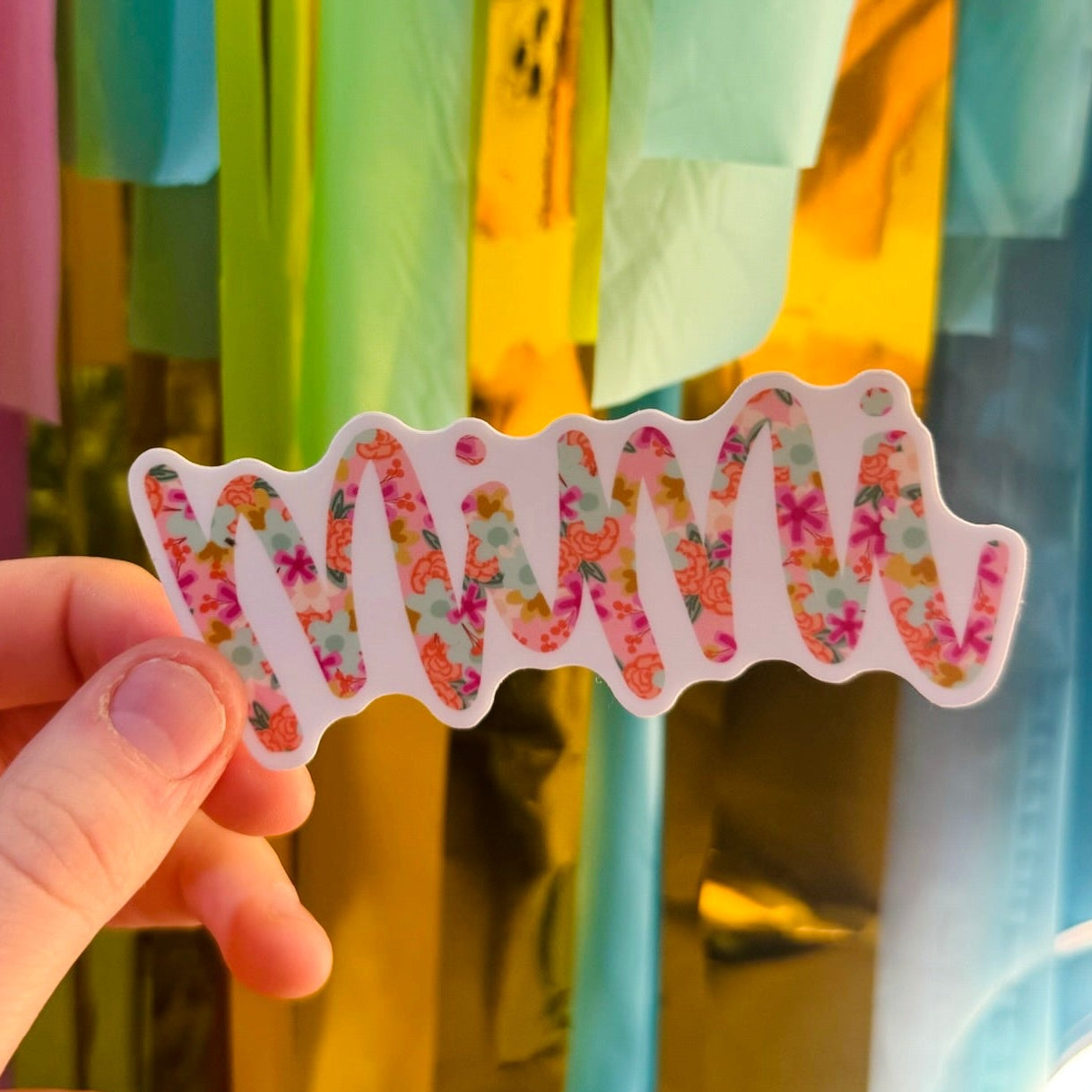 Doodles by Rebekah "Mimi" floral name sticker. This whimsical hand-painted vinyl decal is a perfect gift for grandmothers, ideal for decorating water bottles, laptops, and planners to celebrate a special "Mimi."