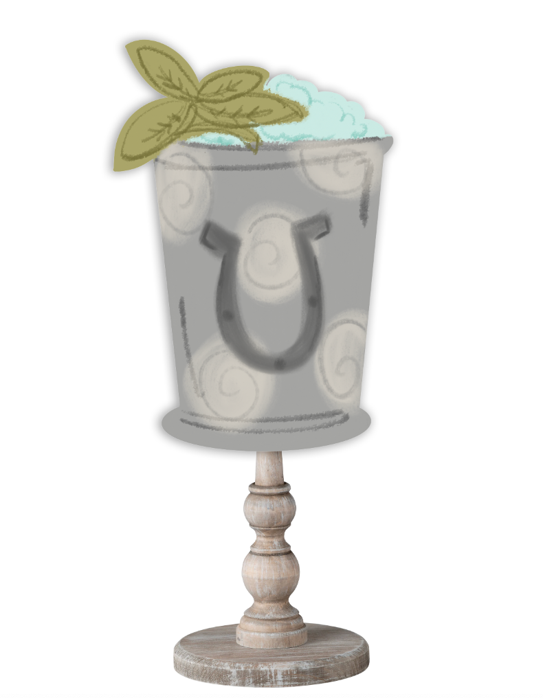 Doodles by Rebekah Kentucky Derby themed decor featuring a whimsical mint julep cup illustration on a rustic turned wood stand.
