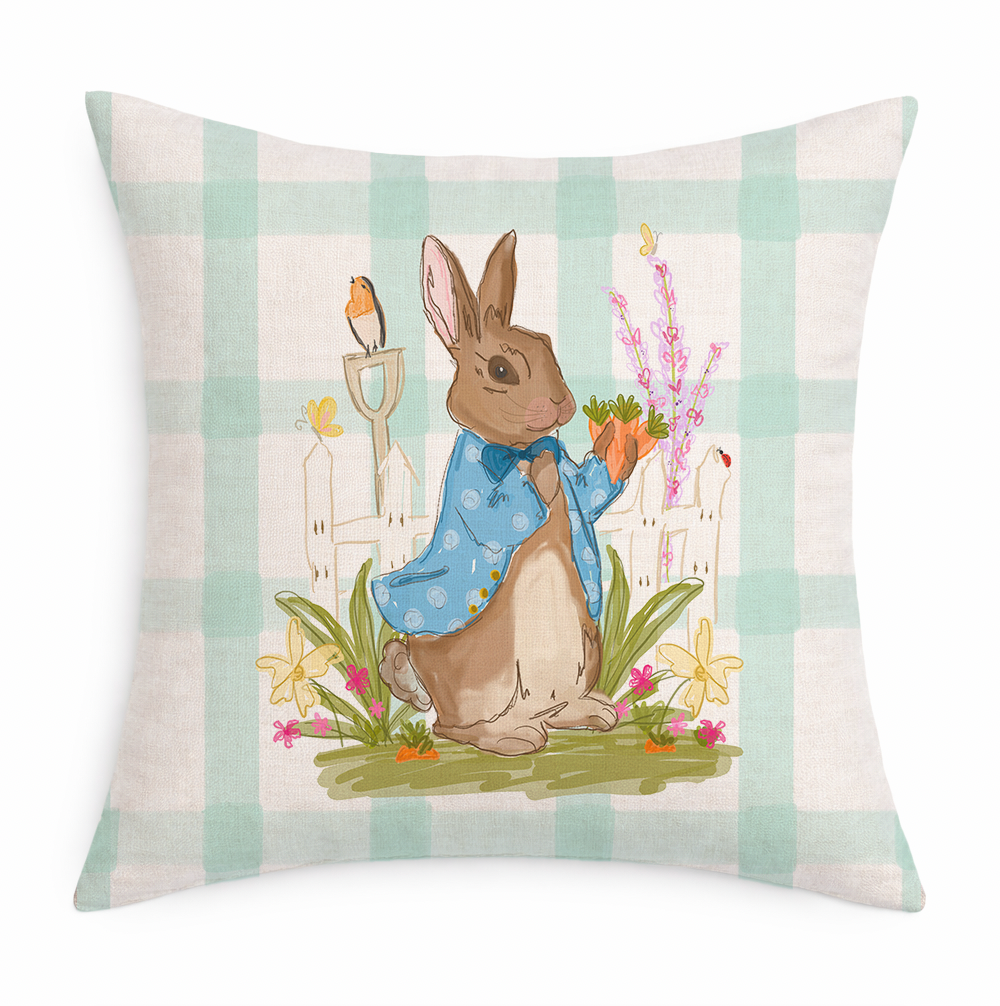 Decorative pillow with a rabbit holding carrots on a checkered background