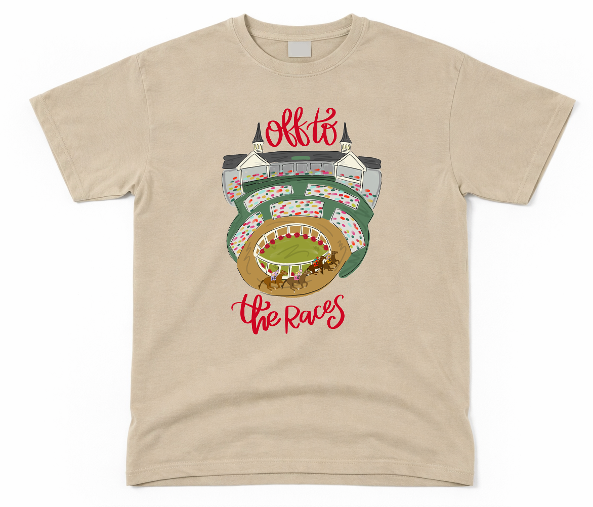 Beige t-shirt with a graphic of a race track and text on a white background