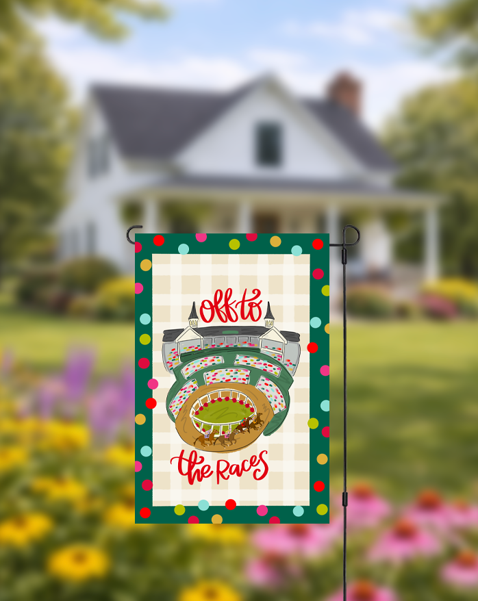 Doodles by Rebekah "Off to the Races" garden flag featuring a hand-painted horse racing track and Churchill Downs-inspired architecture. This equestrian-themed outdoor decor, with its dark green polka dot border and checkered pattern, is perfect for Derby Day celebrations or garden accents.