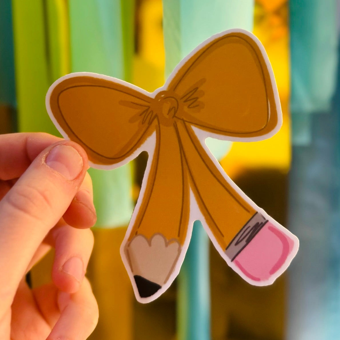 Doodles by Rebekah whimsical pencil bow sticker. This unique hand-drawn school supply decal is a perfect teacher appreciation gift or a fun accessory for planners, notebooks, and water bottles.
