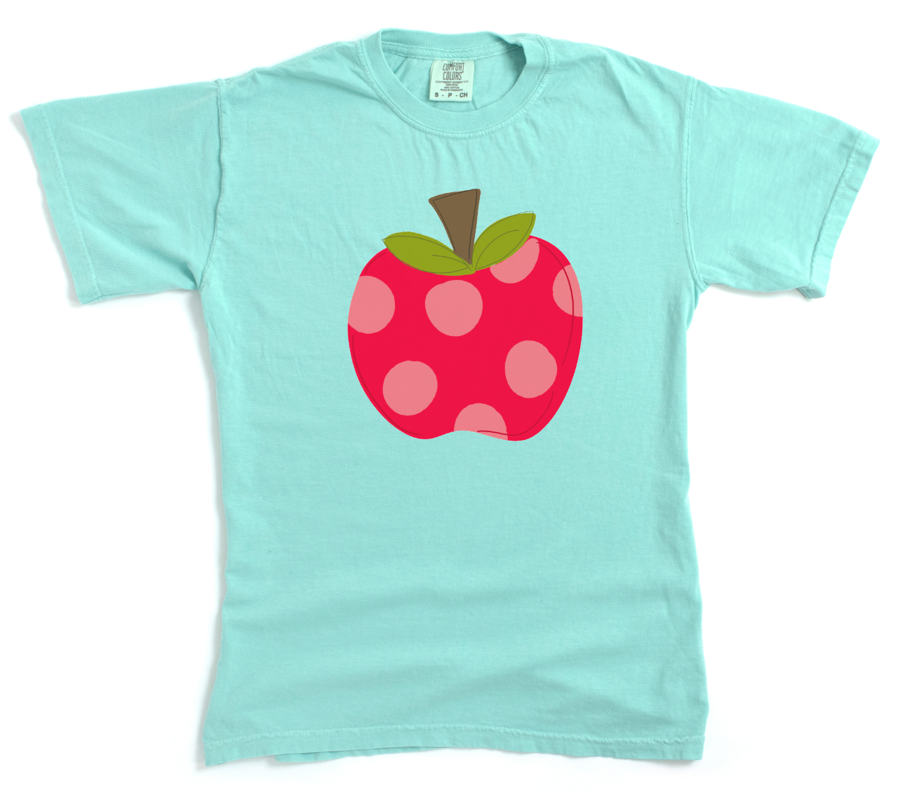 Light blue t-shirt with a red apple graphic on a white background