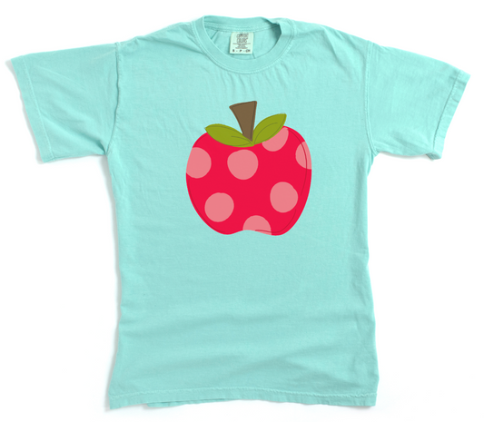Light blue t-shirt with a red apple graphic on a white background