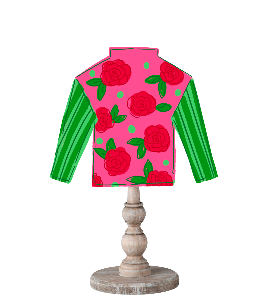 A colorful red & green Rose Kentucky Derby Jockey Silk Topper on top of a wooden dowl