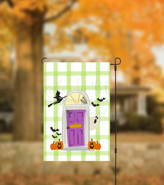 Halloween Doorway Gingham Garden Flag