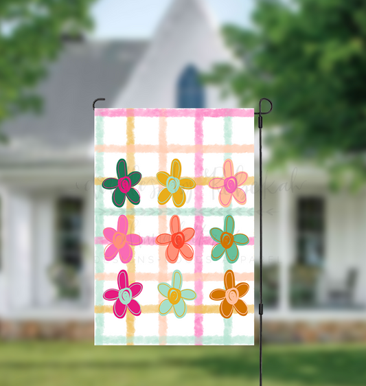 Colorful Flowers Gingham Garden Flag