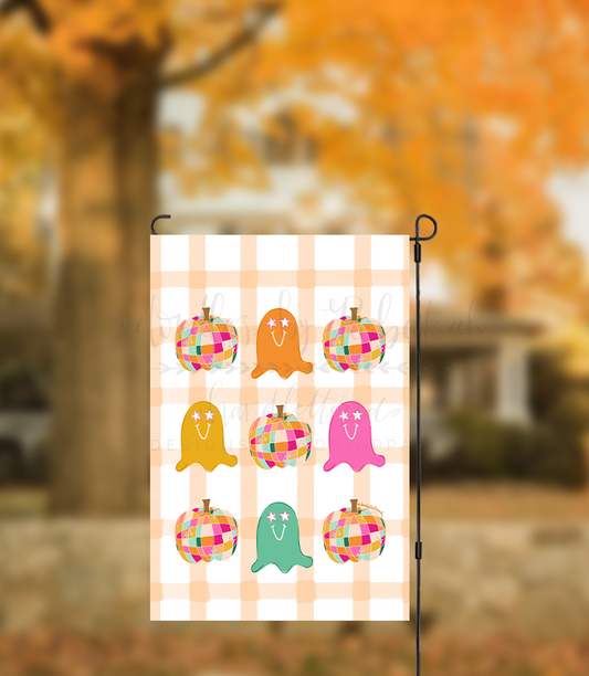Disco Ghost and Pumpkins Gingham Garden Flag
