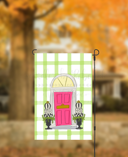 Black and White topiary pink door Garden Flag