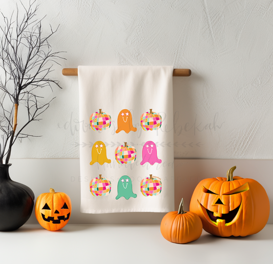 Disco Ghost and Pumpkin Tea Towel