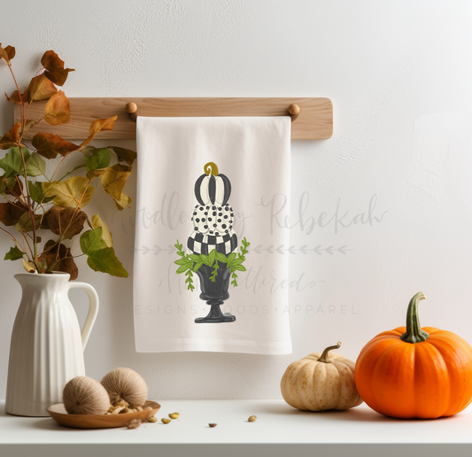 Black & White 3 Pumpkins Topiary Tea Towel