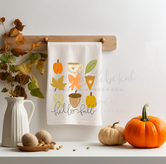 Hello Fall 9 Icons Tea Towel