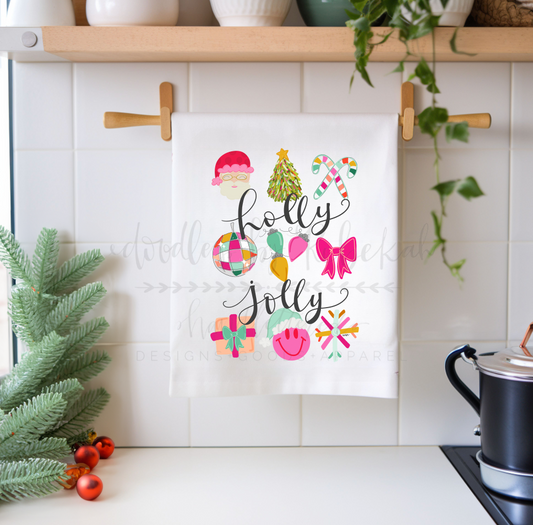 Holly Jolly 9 Icons Tea Towel