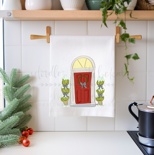 Red Christmas Door Tea Towel