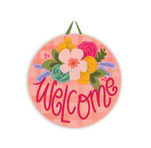 Welcome Pink Plaid Doorhanger