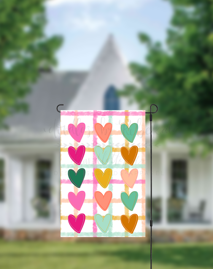 Colorful Hearts on Gingham Garden Flag