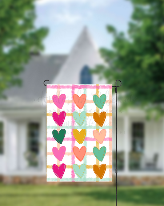 Colorful Hearts on Gingham Garden Flag
